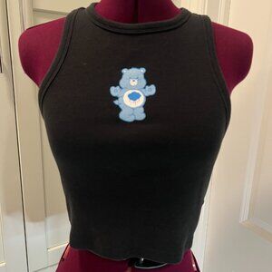 Y2K CARE BEARS Black Crop Stretch Baby Tank Top with Grumpy Bear | 95% Cotton